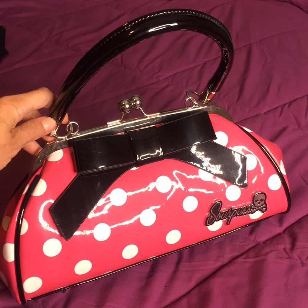 Pink and white polkadot sourPuss bag